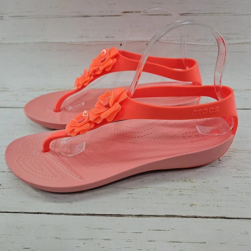 Crocs Serena Embellished Flower Sandals  Womens 9‎ Coral Orange Thong Flip Flop